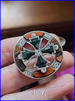 Victorian Scottish Specimen Agate Celtic Cross Silver Pebble Brooch Vgc