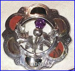 Victorian Scottish Sterling Silver Agate Amethyst Thistle Brooch Vtg Antique