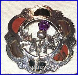 Victorian Scottish Sterling Silver Agate Amethyst Thistle Brooch Vtg Antique