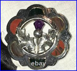 Victorian Scottish Sterling Silver Agate Amethyst Thistle Brooch Vtg Antique