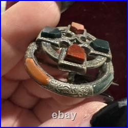 Victorian Scottish Sterling Silver Agate Celtic Maltese Cross Pendant Brooch Pin