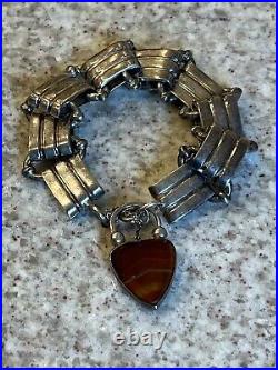 Victorian Scottish Sterling Silver Agate Padlock Heart Locket Bracelet 29g