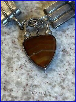 Victorian Scottish Sterling Silver Agate Padlock Heart Locket Bracelet 29g