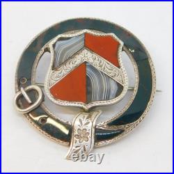 Victorian Scottish Sterling Silver, Bloodstone & Agate Buckle Brooch Antique