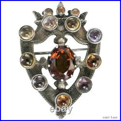 Victorian Scottish Sterling Silver Cairngorm & Amethyst Crown Shield Brooch
