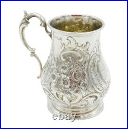 Victorian Scottish Sterling Silver Floral Christening Mug Tankard Antique 1859