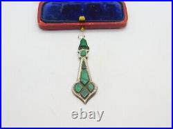 Victorian Scottish Sterling Silver Malachite Set Floral Drop Pendant Antique