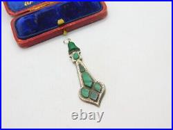 Victorian Scottish Sterling Silver Malachite Set Floral Drop Pendant Antique