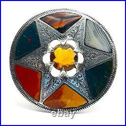 Victorian Scottish Sterling Silver Northern Star Brooch Agate & Jasper Samples