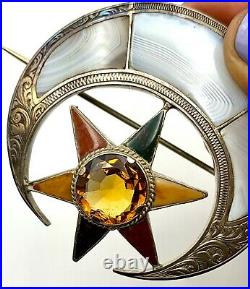 Victorian Sterling Silver Scottish Agate & Citrine Garter Moon Star Brooch Pin