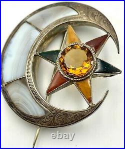 Victorian Sterling Silver Scottish Agate & Citrine Garter Moon Star Brooch Pin