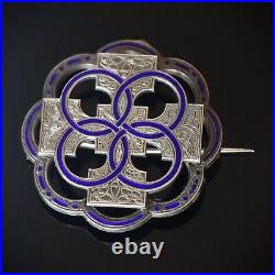 Victorian Sterling Silver Scottish Cobalt Enamel Engraved Celtic Knot Brooch