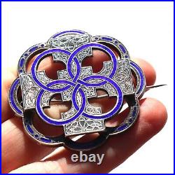 Victorian Sterling Silver Scottish Cobalt Enamel Engraved Celtic Knot Brooch