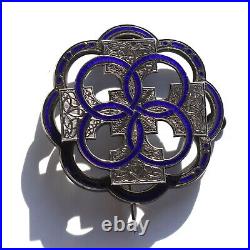 Victorian Sterling Silver Scottish Cobalt Enamel Engraved Celtic Knot Brooch