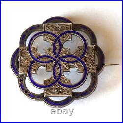 Victorian Sterling Silver Scottish Cobalt Enamel Engraved Celtic Knot Brooch