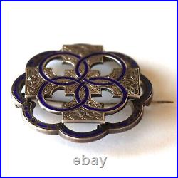 Victorian Sterling Silver Scottish Cobalt Enamel Engraved Celtic Knot Brooch