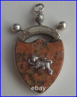 Victorian Sterling Silver Scottish Granite Shield Fob Pendant with Silver Stoat