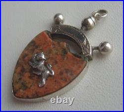 Victorian Sterling Silver Scottish Granite Shield Fob Pendant with Silver Stoat