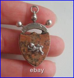 Victorian Sterling Silver Scottish Granite Shield Fob Pendant with Silver Stoat