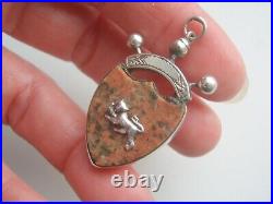 Victorian Sterling Silver Scottish Granite Shield Fob Pendant with Silver Stoat