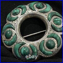 Victorian(or earlier)Scottish Engraved Silver&Malachite Crescent Cabochon Brooch