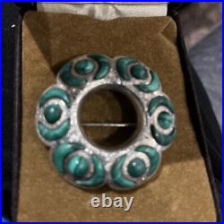 Victorian(or earlier)Scottish Engraved Silver&Malachite Crescent Cabochon Brooch