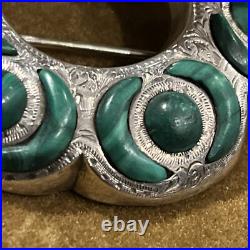 Victorian(or earlier)Scottish Engraved Silver&Malachite Crescent Cabochon Brooch