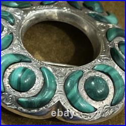 Victorian(or earlier)Scottish Engraved Silver&Malachite Crescent Cabochon Brooch