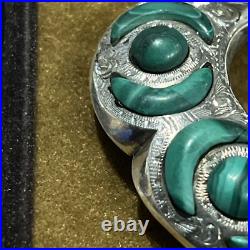 Victorian(or earlier)Scottish Engraved Silver&Malachite Crescent Cabochon Brooch