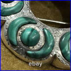 Victorian(or earlier)Scottish Engraved Silver&Malachite Crescent Cabochon Brooch