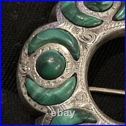 Victorian(or earlier)Scottish Engraved Silver&Malachite Crescent Cabochon Brooch