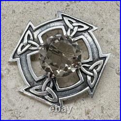 Vintage 1967 Scottish Silver Celtic Design Shield Brooch Brown Stone 3.2cm 16g