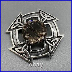 Vintage 1967 Scottish Silver Celtic Design Shield Brooch Brown Stone 3.2cm 16g