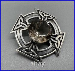 Vintage 1967 Scottish Silver Celtic Design Shield Brooch Brown Stone 3.2cm 16g