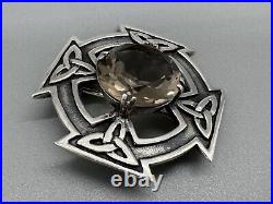 Vintage 1967 Scottish Silver Celtic Design Shield Brooch Brown Stone 3.2cm 16g