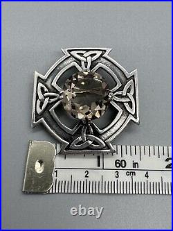 Vintage 1967 Scottish Silver Celtic Design Shield Brooch Brown Stone 3.2cm 16g