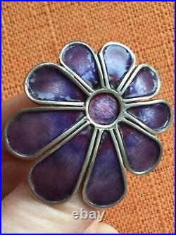 Vintage 1975 Norman Grant Scottish Silver & Purple Enamel Daisy Brooch, signed