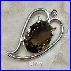 Vintage 1975 Scottish Silver Heart Shape Pendant Smoky Quartz Stone 4.5cm 9g