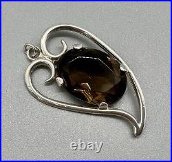 Vintage 1975 Scottish Silver Heart Shape Pendant Smoky Quartz Stone 4.5cm 9g