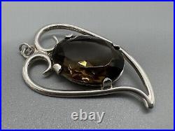 Vintage 1975 Scottish Silver Heart Shape Pendant Smoky Quartz Stone 4.5cm 9g