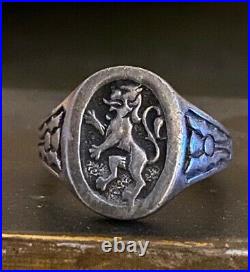 Vintage 925 Silver Scottish or Belgian Lion Rampart Ring Size 9.25