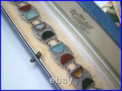 Vintage Antique Ornate Solid Sterling Silver Scottish Agate 7 Bracelet Rare