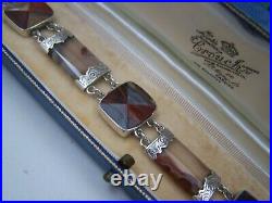 Vintage Antique Solid Sterling Silver Scottish Agate Bracelet Padlock Clasp