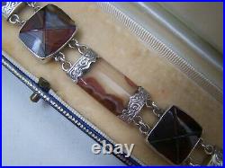 Vintage Antique Solid Sterling Silver Scottish Agate Bracelet Padlock Clasp