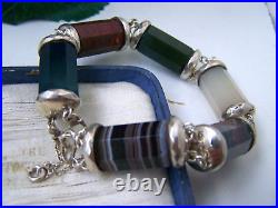 Vintage Antique Victorian Solid Sterling Silver Scottish Agate Bracelet 7 8.5