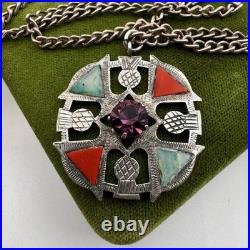 Vintage Celtic Scottish Sterling Silver Multicolor Thistle Pendant Necklace