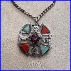 Vintage Celtic Scottish Sterling Silver Multicolor Thistle Pendant Necklace