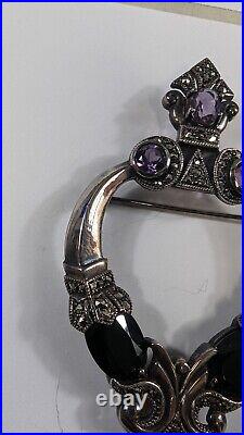 Vintage Gorgeous Large Scottish Silver Amethist Onyx and Marcasite Plaid Brooch