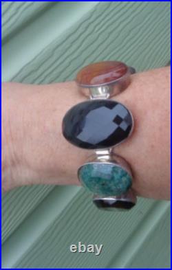 Vintage HEAVY Long Sterling Silver Bracelet Scottish Style Mixed Stones 108 gram