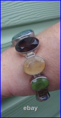 Vintage HEAVY Long Sterling Silver Bracelet Scottish Style Mixed Stones 108 gram